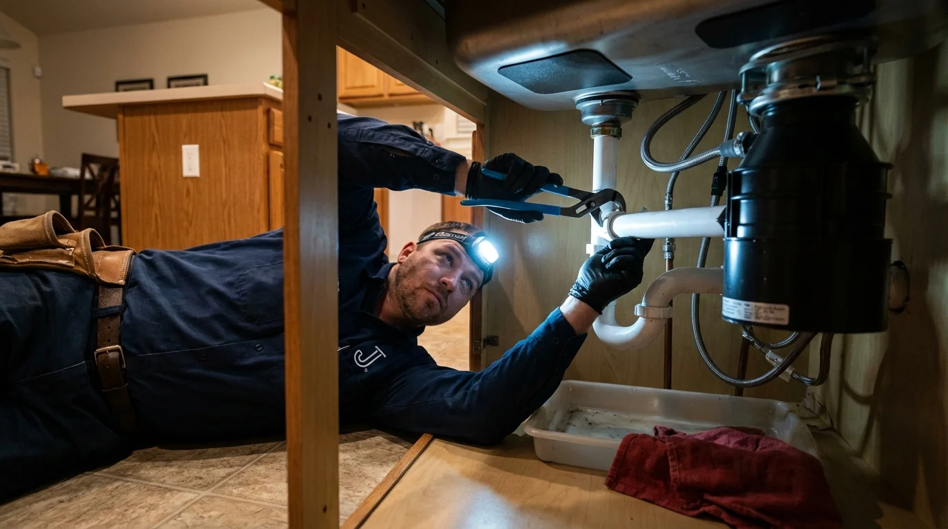 P-trap and supply line connections under a kitchen sink showing a common leak point in Coamo, PR